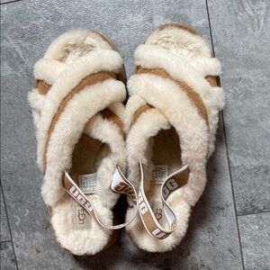 UGG Fluffy Cream and Tan Slippers
